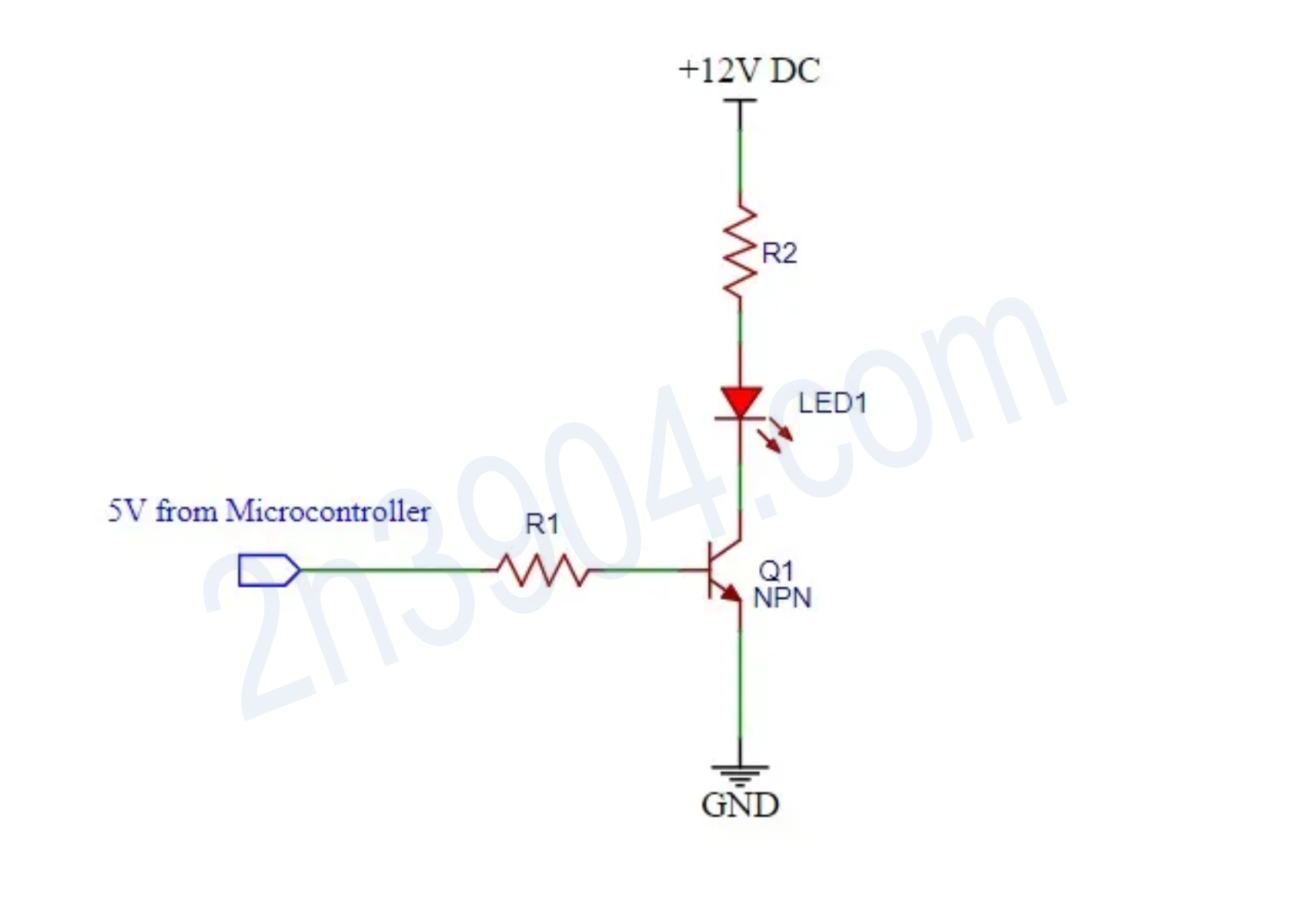 Basic schematic of a microcontroller driving a high-power LED through a 2N3904 transistor