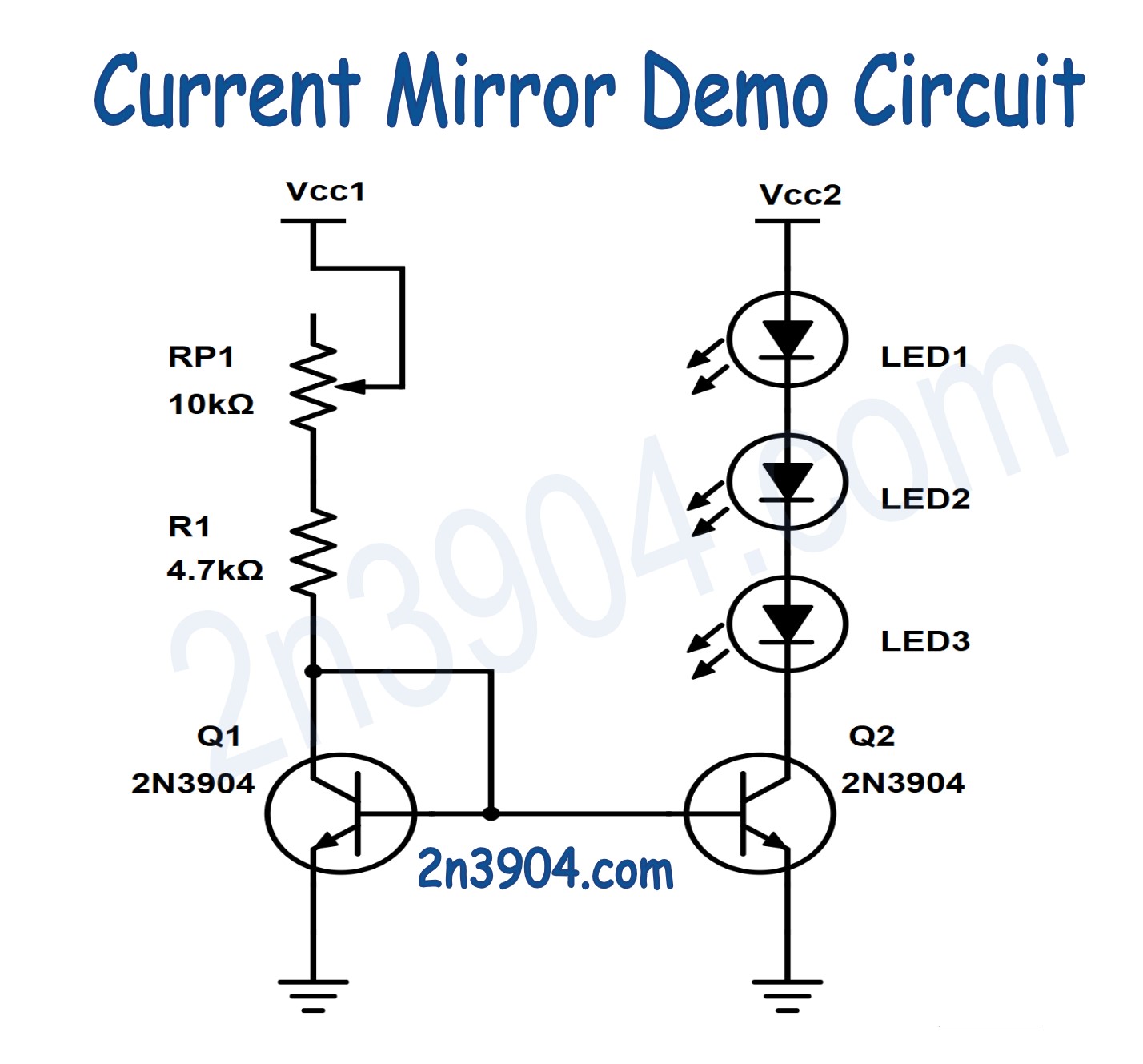 Current mirror schematic using two 2N3904 transistors